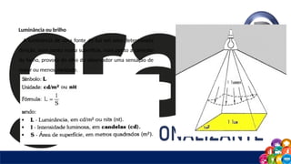 Luminância ou brilho
A luminância de uma fonte de luz em uma determinada
direção, num ponto numa superfície, num ponto a caminho
do facho, provoca do olho do observador uma sensação de
maior ou menos claridade.
 