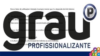 Para o fator de utilização é dotado é sempre menor que 1 e depende de três fatores:
 Da distribuição e da absorção de luz, efetuadas pelos aparelhos de iluminação;
 Das dimensões do local
 Das cores das paredes e do teto, caracterizado pelo fator de reflexão
Para o Índice do local determina-se o índice do local. Para tanto, é necessário definir:
•A largura e comprimento do local;
• A altura do teto, se a iluminação for indireta ou semi-indireta;
•A distância do foco luminoso ao chão.
 