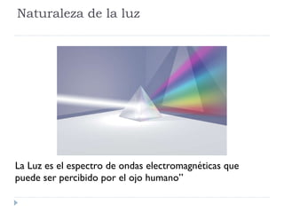 Naturaleza de la luz La Luz es el espectro de ondas electromagnéticas que puede ser percibido por el ojo humano” 
