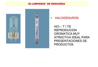 • HALOGENUROS:
HCI – T / TS
REPRODUCION
CROMATICA MUY
ATRACTIVA IDEAL PARA
PRESENTACIONES DE
PRODUCTOS
D) LAMPARAS DE DESCARGA
 
