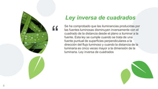 “
Ley inversa de cuadrados
4
Se ha comprobado que las iluminancias producidas por
las fuentes luminosas disminuyen inversamente con el
cuadrado de la distancia desde el plano a iluminar a la
fuente. Esta ley se cumple cuando se trata de una
fuente puntual de superficies perpendiculares a la
dirección del flujo luminoso y cuando la distancia de la
luminaria es cinco veces mayor a la dimensión de la
luminaria. Ley inversa de cuadrados
 