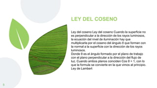 LEY DEL COSENO
5
Ley del coseno Ley del coseno Cuando la superficie no
es perpendicular a la dirección de los rayos luminosos,
la ecuación del nivel de iluminación hay que
multiplicarla por el coseno del ángulo ð que forman con
la normal a la superficie con la dirección de los rayos
luminosos.
Donde θ es el ángulo formado por el plano de trabajo
con el plano perpendicular a la dirección del flujo de
luz. Cuando ambos planos coinciden Cos θ = 1, con lo
que la formula se convierte en la que vimos al principio.
Ley de Lambert
 