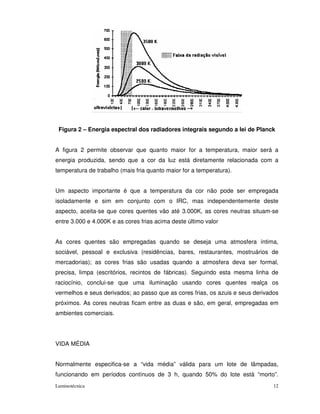 Figura 2 – Energia espectral dos radiadores integrais segundo a lei de Planck


A figura 2 permite observar que quanto maior for a temperatura, maior será a
energia produzida, sendo que a cor da luz está diretamente relacionada com a
temperatura de trabalho (mais fria quanto maior for a temperatura).


Um aspecto importante é que a temperatura da cor não pode ser empregada
isoladamente e sim em conjunto com o IRC, mas independentemente deste
aspecto, aceita-se que cores quentes vão até 3.000K, as cores neutras situam-se
entre 3.000 e 4.000K e as cores frias acima deste último valor


As cores quentes são empregadas quando se deseja uma atmosfera íntima,
sociável, pessoal e exclusiva (residências, bares, restaurantes, mostruários de
mercadorias); as cores frias são usadas quando a atmosfera deva ser formal,
precisa, limpa (escritórios, recintos de fábricas). Seguindo esta mesma linha de
raciocínio, conclui-se que uma iluminação usando cores quentes realça os
vermelhos e seus derivados; ao passo que as cores frias, os azuis e seus derivados
próximos. As cores neutras ficam entre as duas e são, em geral, empregadas em
ambientes comerciais.




VIDA MÉDIA


Normalmente especifica-se a “vida média” válida para um lote de lâmpadas,
funcionando em períodos contínuos de 3 h, quando 50% do lote está “morto”.
Luminotécnica                                                                   12
 