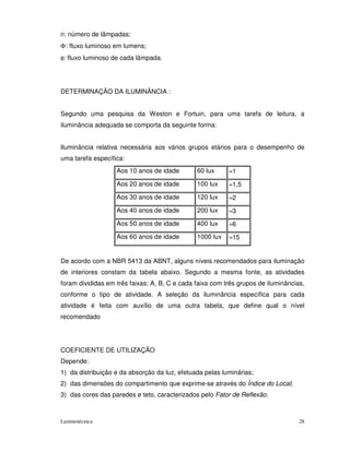 n: número de lâmpadas;
Φ : fluxo luminoso em lumens;
φ: fluxo luminoso de cada lâmpada.




DETERMINAÇÃO DA ILUMINÂNCIA :


Segundo uma pesquisa da Weston e Fortuin, para uma tarefa de leitura, a
iluminância adequada se comporta da seguinte forma:


Iluminância relativa necessária aos vários grupos etários para o desempenho de
uma tarefa específica:
                   Aos 10 anos de idade        60 lux     ≈1
                   Aos 20 anos de idade        100 lux    ≈1,5
                   Aos 30 anos de idade        120 lux    ≈2
                   Aos 40 anos de idade        200 lux    ≈3
                   Aos 50 anos de idade        400 lux    ≈6
                   Aos 60 anos de idade        1000 lux   ≈15


De acordo com a NBR 5413 da ABNT, alguns níveis recomendados para iluminação
de interiores constam da tabela abaixo. Segundo a mesma fonte, as atividades
foram divididas em três faixas: A, B, C e cada faixa com três grupos de iluminâncias,
conforme o tipo de atividade. A seleção da iluminância específica para cada
atividade é feita com auxílio de uma outra tabela, que define qual o nível
recomendado




COEFICIENTE DE UTILIZAÇÃO
Depende:
1) da distribuição e da absorção da luz, efetuada pelas luminárias;
2) das dimensões do compartimento que exprime-se através do Índice do Local;
3) das cores das paredes e teto, caracterizados pelo Fator de Reflexão.



Luminotécnica                                                                      28
 