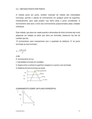5.2 – MÉTODO PONTO POR PONTO


O método ponto por ponto, também chamado de método das intensidades
luminosas, permite o cálculo do iluminamento em qualquer ponto da superfície,
individualmente, para cada projetor cujo facho atinja o ponto considerado. O
iluminamento total será a soma dos iluminamentos proporcionados pelas unidades
individuais.


Este método, que deve ser usado quando a dimensões da fonte luminosa são muito
pequenas em relação ao plano que deve ser iluminado, baseia-se nas leis de
Lambert que diz:
“O iluminamento varia inversamente com o quadrado da distância “d” do ponto
iluminado ao foco luminoso”.


     I (θ ) cosθ
E=              2
            d

onde:
E: iluminamento em lux
I: intensidade luminosa em candelas
θ: ângulo entre a vertical à superfície receptora e o ponto a ser iluminado
d: distância do foco luminoso ao ponto.
                                 Fonte puntiforme
                    1m
                                     100 lux
                1m
                                         25 lux
                1m
                                          11,1 lux




ILUMINAMENTO SOBRE UM PLANO HORIZONTAL


     I(θ)
                         d
      h



          A                  B



Luminotécnica                                                                 32
 