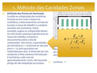 o) Definição dos Pontos de Iluminação
Escolhe-se a disposição das luminárias
levando-se em conta o layout do
mobiliário, o direcionamento correto da
luz para a mesa de trabalho e o próprio
tamanho das luminárias. Neste
exemplo, sugere-se a disposição destas
em três linhas contínuas lateralmente às
mesas de trabalho, evitando o
ofuscamento sobre a tela de
computador. Para tanto, a quantidade
de luminárias (n = 11) deverá ser elevada
para n = 12, para que possa ser
subdividida por dois. A dimensão de 10m
comporta a linha contínua formada por
6 luminárias, cada uma de
aproximadamente 1,67m, não havendo
perigo de não adaptação ao projeto.
p) Avaliação do Consumo Energético
Os itens 34, 35 e 36 da planilha podem
ser calculados da seguinte maneira:
Obs.: 70 W = Considerando a utilização
do reator QTi 2x35W, uma vez que,
devido à operação em alta
o) Continua ➛
1. Método das Cavidades Zonais
n = 11
n =
Em × A
j × Fu × Fd
 