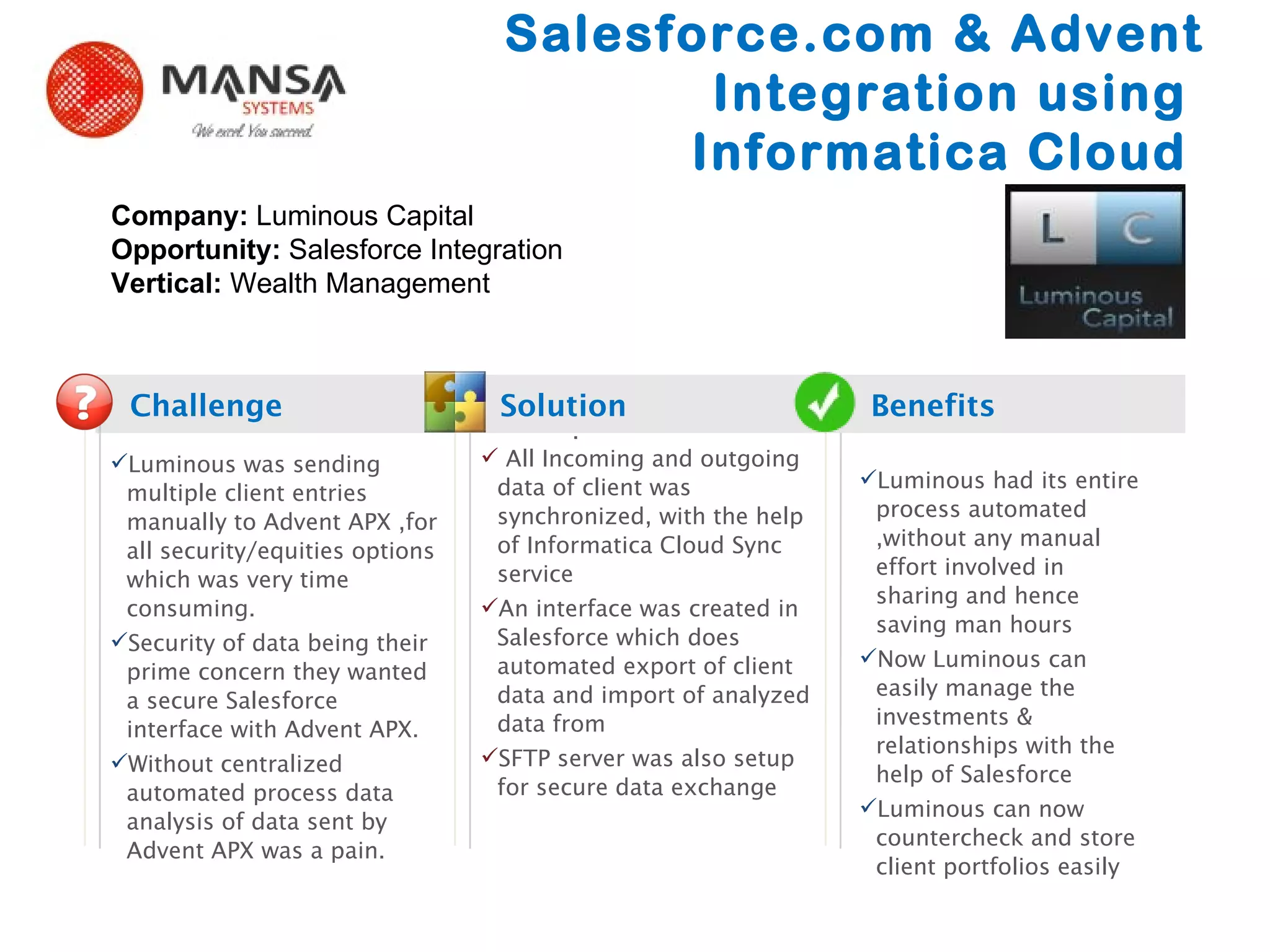 Luminous Capital Salesforce, Advent Integration Success Story PPT