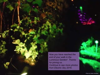 Now you have reached the
end of your walk in the
Luminous Garden! Thanks
for joining us.
Continue to see more photos
from ...