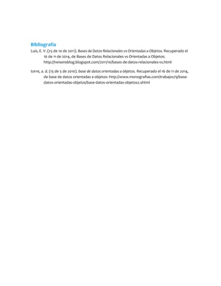 Bibliografía
Luis, E. V. (25 de 10 de 2011). Bases de Datos Relacionales vs Orientadas a Objetos. Recuperado el
16 de 11 de 2014, de Bases de Datos Relacionales vs Orientadas a Objetos:
http://twisensblog.blogspot.com/2011/10/bases-de-datos-relacionales-vs.html
torre, a. d. (15 de 5 de 2010). base de datos orientadas a objetos. Recuperado el 16 de 11 de 2014,
de base de datos orientadas a objetos: http://www.monografias.com/trabajos79/base-
datos-orientadas-objetos/base-datos-orientadas-objetos2.shtml
 