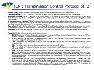 TCP : Transmission Control Protocol pt. 2 Source port  [16 bit] - Identifica il  numero di porta sull'host mittente  associato alla connessione TCP.  Destination port  [16 bit] - Identifica il  numero di porta sull'host destinatario  associato alla connessione TCP.  Sequence number  [32 bit] - Numero di sequenza, indica lo scostamento (espresso in byte) dell'inizio del segmento TCP all'interno del flusso completo, a partire dall'  Initial Sequence Number  ( ISN ), negoziato all'apertura della connessione.  Acknowledgment number  [32 bit] - Numero di riscontro, ha significato solo se il flag ACK è settato a 1, e conferma la ricezione di una parte del flusso di dati nella direzione opposta, indicando il valore del prossimo  Sequence number  che l'host mittente del segmento TCP si aspetta di ricevere.  Data offset  [4 bit] - Indica la lunghezza (in word da 32 bit) dell'header del segmento TCP; tale lunghezza può variare da 5 word (20 byte) a 15 word (60 byte) a seconda della presenza e della lunghezza del campo facoltativo  Options .  Reserved  [4 bit] - Bit non utilizzati e predisposti per sviluppi futuri del protocollo; dovrebbero essere settati a zero.  Flags  [8 bit] - Bit utilizzati per il controllo del protocollo:  CWR  (Congestion Window Reduced) - se settato a 1 indica che l'host sorgente ha ricevuto un segmento TCP con il flag ECE settato a 1 (aggiunto all'header in RFC 3168).  ECE  (ECN-Echo) - se settato a 1 indica che l'host supporta ECN (Explicit Congestion Notification) durante il 3-way handshake (aggiunto all'header in RFC 3168).  URG  - se settato a 1 indica che nel flusso sono presenti  dati urgenti  alla posizione (offset) indicata dal campo  Urgent pointer ;  ACK  - se settato a 1 indica che il campo  Acknowledgment number  è valido;  PSH  - se settato a 1 indica che i dati in arrivo non devono essere bufferizzati ma passati subito ai livelli superiori dell'applicazione;  RST  - se settato a 1 indica che la connessione non è valida; viene utilizzato in caso di grave errore;  SYN  - se settato a 1 indica che l'host mittente del segmento vuole  aprire una connessione TCP  con l'host destinatario e specifica nel campo  Sequence number  il valore dell'  Initial Sequence Number  ( ISN ); ha lo scopo di sincronizzare i numeri di sequenza dei due host. L'host che ha inviato il SYN deve attendere dall'host remoto un pacchetto SYN/ACK.  FIN  - se settato a 1 indica che l'host mittente del segmento vuole  chiudere la connessione TCP  aperta con l'host destinatario. Il mittente attende la conferma dal ricevente (con un FIN-ACK). A questo punto la connessione è ritenuta chiusa per metà: l'host che ha inviato FIN non potrà più inviare dati, mentre l'altro host ha il canale di comunicazione ancora disponibile. Quando anche l'altro host invierà il pacchetto con FIN impostato la connessione, dopo il relativo FIN-ACK, sarà considerata completamente chiusa.  