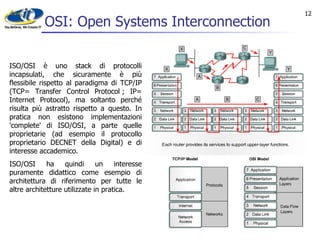OSI: Open Systems Interconnection ISO/OSI è uno stack di protocolli incapsulati, che sicuramente è più flessibile rispetto al paradigma di TCP/IP (TCP= Transfer Control Protocol ; IP= Internet Protocol), ma soltanto perché risulta più astratto rispetto a questo. In pratica non esistono implementazioni 'complete' di ISO/OSI, a parte quelle proprietarie (ad esempio il protocollo proprietario DECNET della Digital) e di interesse accademico.  ISO/OSI ha quindi un interesse puramente didattico come esempio di architettura di riferimento per tutte le altre architetture utilizzate in pratica.   
