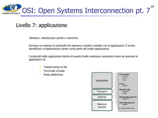 OSI: Open Systems Interconnection pt. 7 Livello 7: applicazione Obiettivo: interfacciare utente e macchina. Fornisce un insieme di protocolli che operano a stretto contatto con le applicazioni. È errato identificare un'applicazione utente come parte del livello applicazione. I protocolli delle applicazioni tipiche di questo livello realizzano operazioni come ad esempio le applicazioni di: Trasferimento di file Terminale virtuale Posta elettronica  