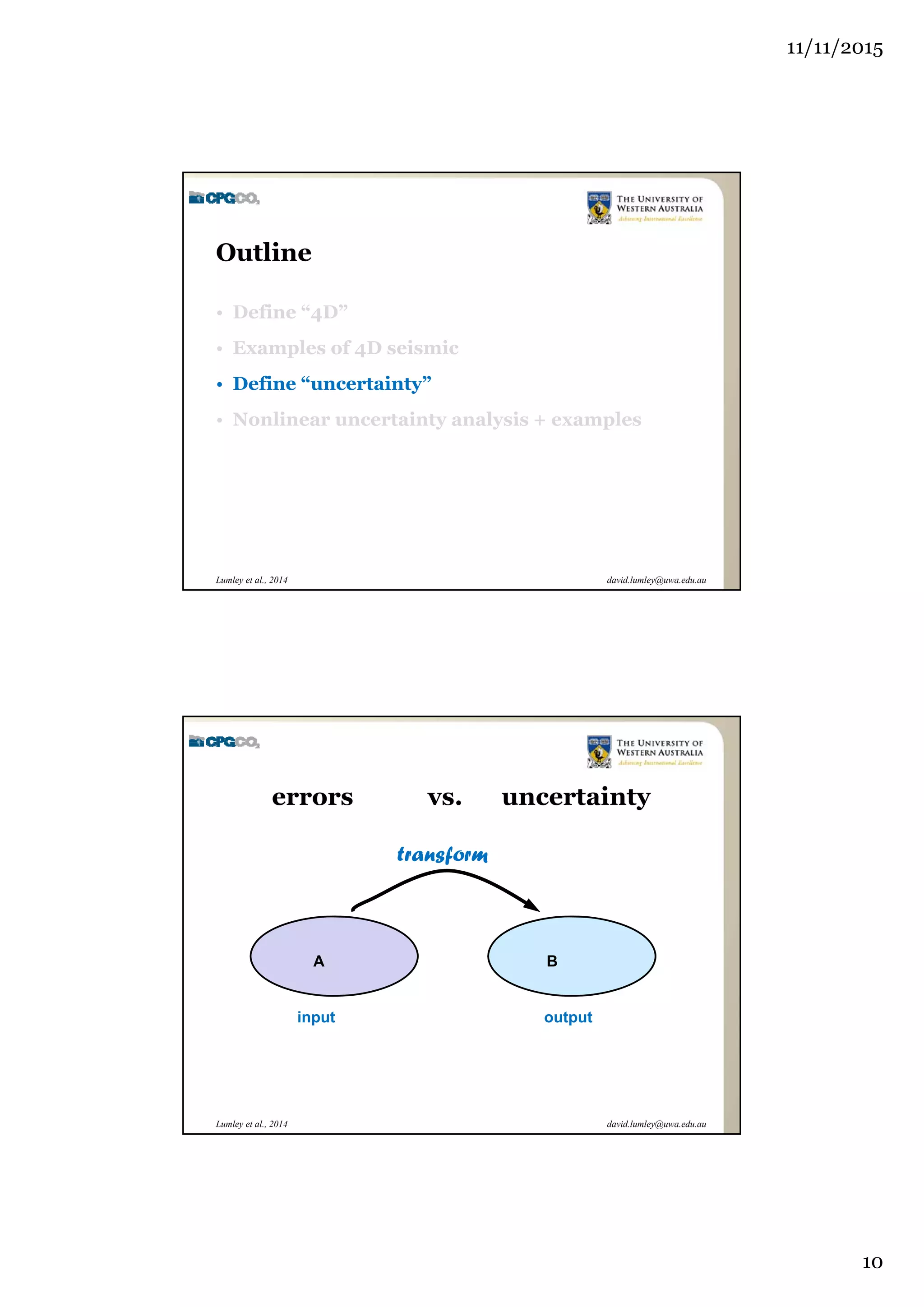 11/11/2015
10
david.lumley@uwa.edu.auLumley et al., 2014
Outline
• Define “4D”
• Examples of 4D seismic
• Define “uncertainty”
• Nonlinear uncertainty analysis + examples
david.lumley@uwa.edu.auLumley et al., 2014
errors vs. uncertainty
input output
A B
transform
 
