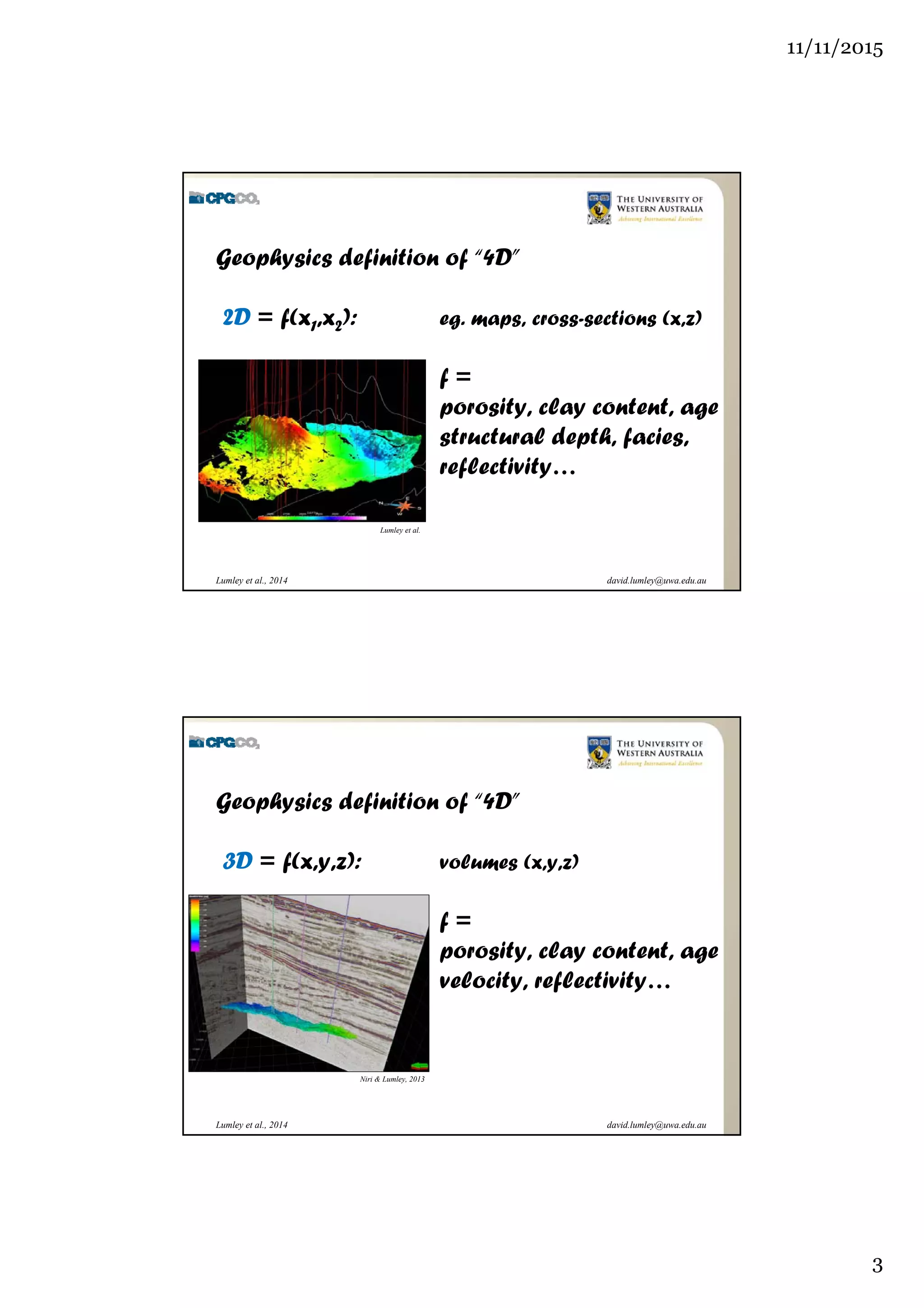 11/11/2015
3
david.lumley@uwa.edu.auLumley et al., 2014
Geophysics definition of “4D”
2D = f(x1,x2): eg. maps, cross-sections (x,z)
f =
porosity, clay content, age
structural depth, facies,
reflectivity…
Lumley et al.
david.lumley@uwa.edu.auLumley et al., 2014
Geophysics definition of “4D”
3D = f(x,y,z): volumes (x,y,z)
f =
porosity, clay content, age
velocity, reflectivity…
Niri & Lumley, 2013
 
