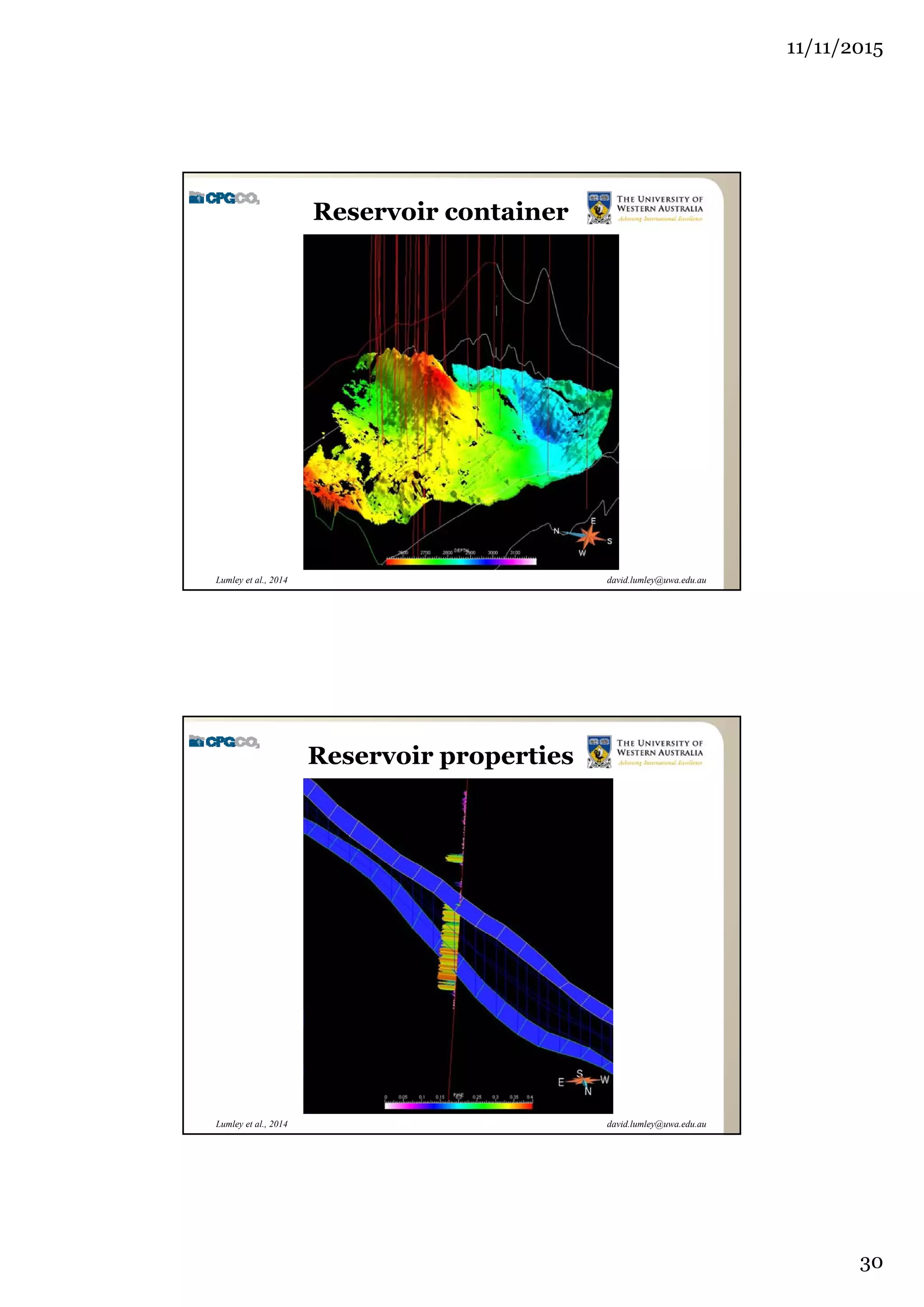 11/11/2015
30
david.lumley@uwa.edu.auLumley et al., 2014
Reservoir container
david.lumley@uwa.edu.auLumley et al., 2014
Reservoir properties
 
