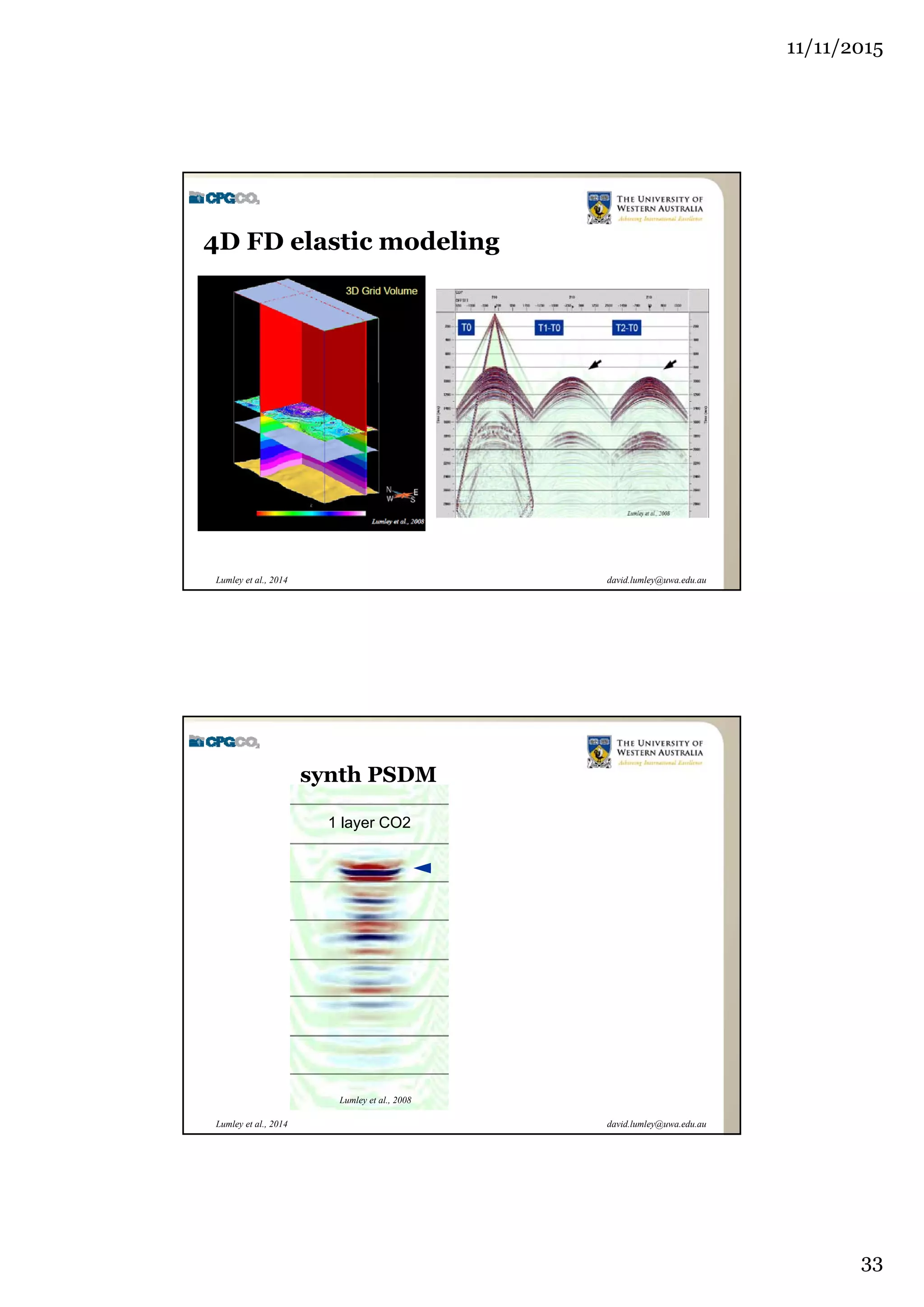 11/11/2015
33
david.lumley@uwa.edu.auLumley et al., 2014
4D FD elastic modeling
david.lumley@uwa.edu.auLumley et al., 2014
1 layer CO2
Lumley et al., 2008
synth PSDM
 