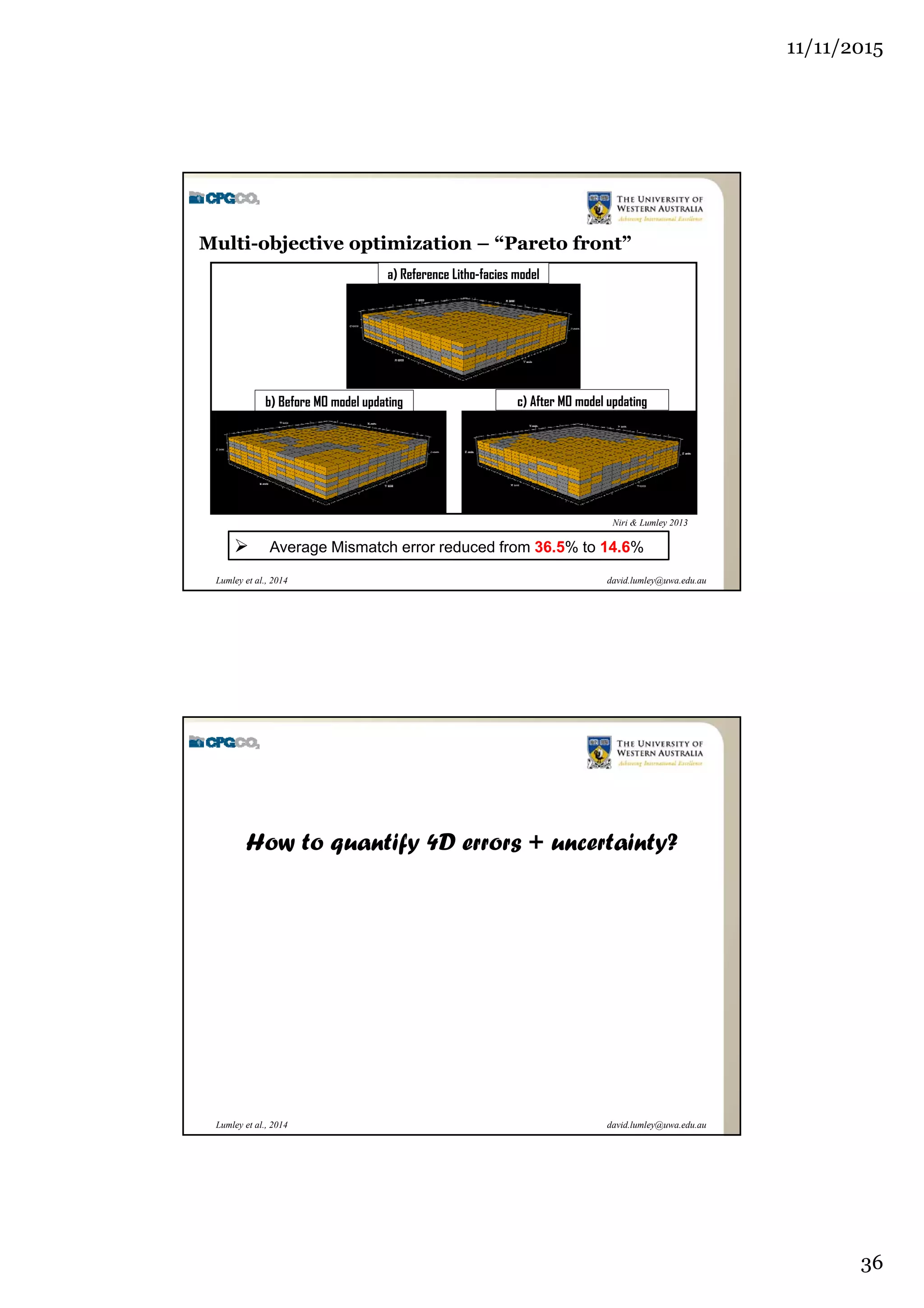 11/11/2015
36
david.lumley@uwa.edu.auLumley et al., 2014
a) Reference Litho-facies model
b) Before MO model updating c) After MO model updating
 Average Mismatch error reduced from 36.5% to 14.6%
Multi-objective optimization – “Pareto front”
Niri & Lumley 2013
david.lumley@uwa.edu.auLumley et al., 2014
How to quantify 4D errors + uncertainty?
 