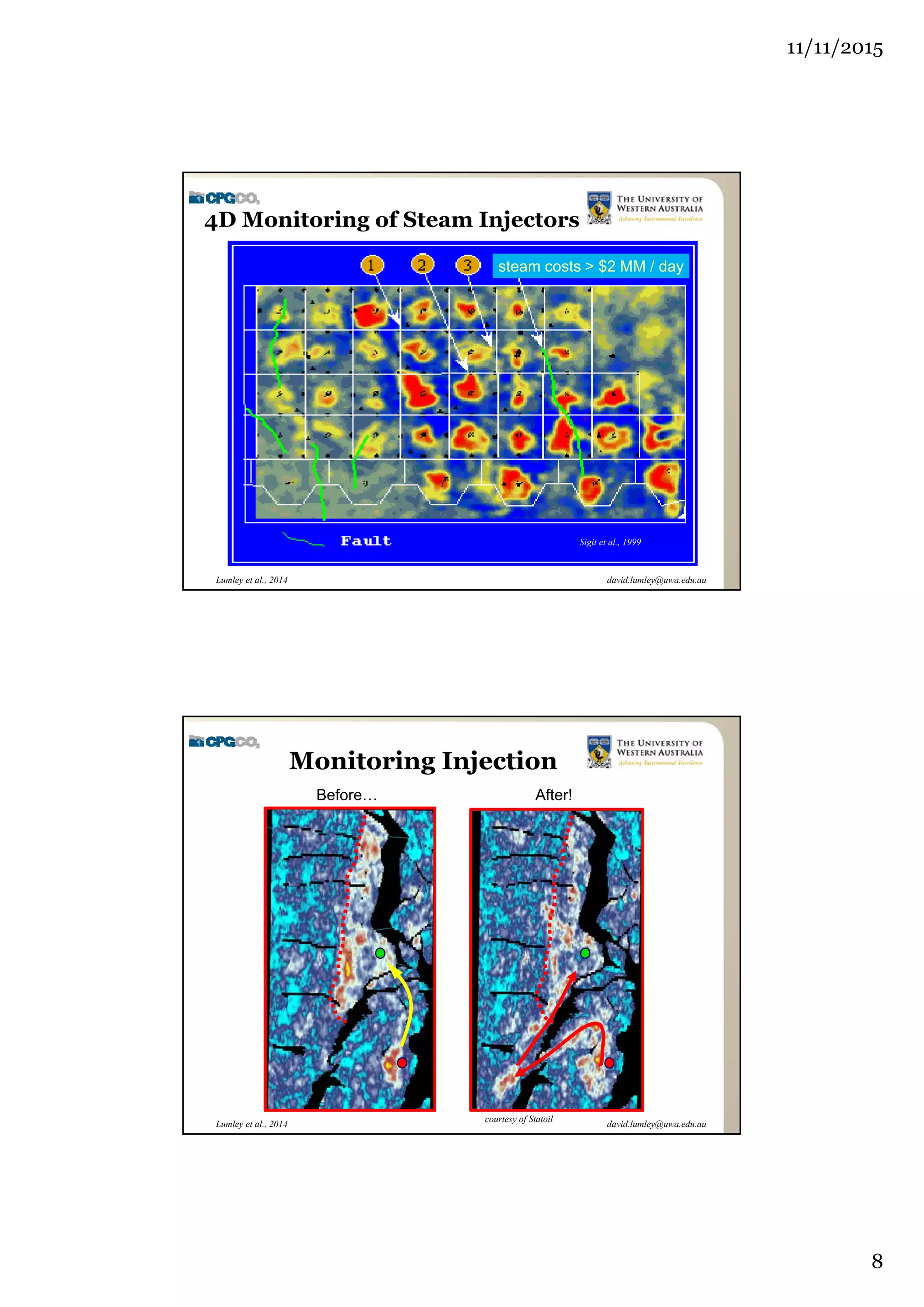 11/11/2015
8
david.lumley@uwa.edu.auLumley et al., 2014
4D Monitoring of Steam Injectors
Sigit et al., 1999
steam costs > $2 MM / day
david.lumley@uwa.edu.auLumley et al., 2014
Before… After!
courtesy of Statoil
Monitoring Injection
 