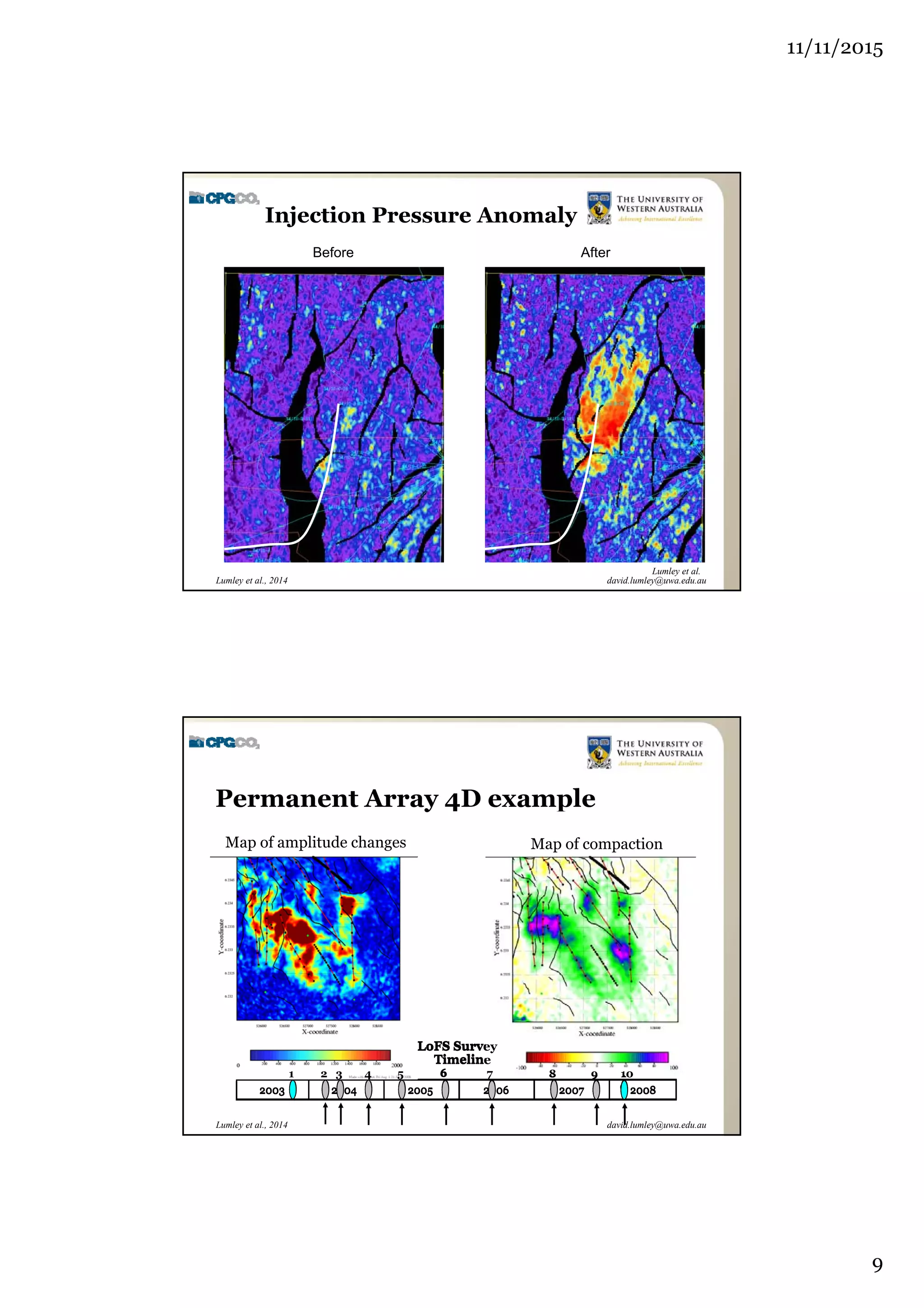 11/11/2015
9
david.lumley@uwa.edu.auLumley et al., 2014
Injection Pressure Anomaly
Before After
Lumley et al., 2003Lumley et al.
david.lumley@uwa.edu.auLumley et al., 2014
Permanent Array 4D example
Map of amplitude
changes
Map of compaction
2003 2004 2005 200820072006
LoFS Survey
Timeline
1 2 3 4 5 6 7 8 9 1
0
Map of amplitude
changes
Map of compaction
2003 2004 2005 200820072006
LoFS Survey
Timeline
1 2 3 4 5 6 7 8 9 1
0
Map of amplitude
changes
Map of compaction
2003 2004 2005 200820072006
LoFS Survey
Timeline
1 2 3 4 5 6 7 8 9 1
0
Map of amplitude
changes
Map of compaction
2003 2004 2005 200820072006
LoFS Survey
Timeline
1 2 3 4 5 6 7 8 9 1
0
Map of amplitude
changes
Map of compaction
2003 2004 2005 200820072006
LoFS Survey
Timeline
1 2 3 4 5 6 7 8 9 1
0
Map of amplitude
changes
Map of compaction
2003 2004 2005 200820072006
LoFS Survey
Timeline
1 2 3 4 5 6 7 8 9 1
0
Map of amplitude
changes
Map of compaction
2003 2004 2005 200820072006
LoFS Survey
Timeline
1 2 3 4 5 6 7 8 9 1
0
Map of amplitude
changes
Map of compaction
2003 2004 2005 200820072006
LoFS Survey
Timeline
1 2 3 4 5 6 7 8 9 1
0
Map of amplitude changes Map of compaction
2003 2004 2005 200820072006
LoFS Survey
Timeline
1 2 3 4 5 6 7 8 9 10
 