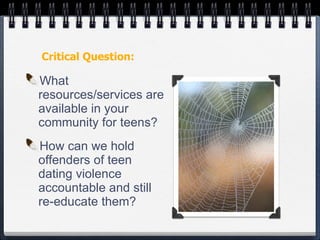 Critical Question: What resources/services are available in your community for teens? How can we hold offenders of teen dating violence accountable and still re-educate them?  