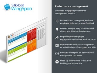 Performance management
LifeSuite’s WingSpan performance
management solution:
 
Enabled Lumo to set goals, evaluate
employee skills and provide feedback
Oﬀered a way to keep staﬀ informed
of opportunities for development
Helped improve employee
engagement and reduce attrition rates
Improved the ability to manage team
or individual workﬂows, goals and KPIs
Reduced time spent on performance
management processes
Freed up the business to focus on
building the bottom line
 