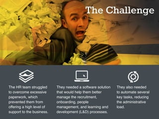 They needed a software solution
that would help them better
manage the recruitment,
onboarding, people
management, and learning and
development (L&D) processes.
The HR team struggled
to overcome excessive
paperwork, which
prevented them from
offering a high level of
support to the business.
The Challenge
They also needed
to automate several
key tasks, reducing
the administrative
load.
 