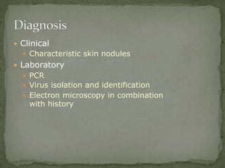  Clinical
 Characteristic skin nodules
 Laboratory
 PCR
 Virus isolation and identification
 Electron microscopy in combination
with history
 