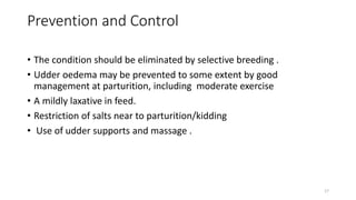 Prevention and Control
• The condition should be eliminated by selective breeding .
• Udder oedema may be prevented to some extent by good
management at parturition, including moderate exercise
• A mildly laxative in feed.
• Restriction of salts near to parturition/kidding
• Use of udder supports and massage .
17
 