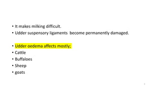 • It makes milking difficult.
• Udder suspensory ligaments become permanently damaged.
• Udder oedema affects mostly;
• Cattle
• Buffaloes
• Sheep
• goats
3
 