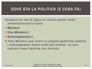 Esistono tre tipi di figure ai vertici politici delle
amministrazioni e sono:
 Ministro
 Vice Ministro/i
 Sottosegretario/i
Il Vice Minsitro può avere un proprio gabinetto politico.
I Sottosegretari hanno staff più limitati. Le loro
funzioni sono ripartite con decreto.
11/06/2011
PUBBLICO E PRIVATO: INTERAZIONI E LOBBY
COMMERCIALE, COME SI FORMANO LE DECISIONI
13
DOVE STA LA POLITICA (E COSA FA)
 