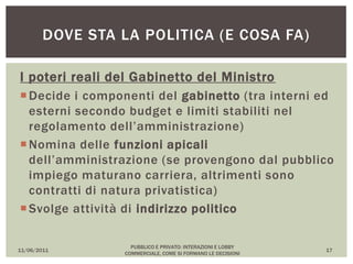 I poteri reali del Gabinetto del Ministro
Decide i componenti del gabinetto (tra interni ed
esterni secondo budget e limiti stabiliti nel
regolamento dell’amministrazione)
Nomina delle funzioni apicali
dell’amministrazione (se provengono dal pubblico
impiego maturano carriera, altrimenti sono
contratti di natura privatistica)
Svolge attività di indirizzo politico
11/06/2011
PUBBLICO E PRIVATO: INTERAZIONI E LOBBY
COMMERCIALE, COME SI FORMANO LE DECISIONI
17
DOVE STA LA POLITICA (E COSA FA)
 