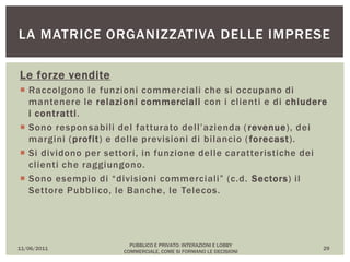 Le forze vendite
 Raccolgono le funzioni commerciali che si occupano di
mantenere le relazioni commerciali con i clienti e di chiudere
i contratti.
 Sono responsabili del fatturato dell’azienda (revenue), dei
margini (profit) e delle previsioni di bilancio (forecast).
 Si dividono per settori, in funzione delle caratteristiche dei
clienti che raggiungono.
 Sono esempio di “divisioni commerciali” (c.d. Sectors) il
Settore Pubblico, le Banche, le Telecos.
11/06/2011
PUBBLICO E PRIVATO: INTERAZIONI E LOBBY
COMMERCIALE, COME SI FORMANO LE DECISIONI
29
LA MATRICE ORGANIZZATIVA DELLE IMPRESE
 