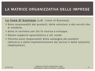 Le linee di business (LoB - Lines of Business)
 Sono responsabili dei prodotti, delle soluzioni o dei servizi che
si vendono.
 Sono in contatto con chi fa ricerca e sviluppo.
 Danno supporto specialistico a chi vende
 Talvolta sono responsabili della consegna dei prodotti
(delivery) o della implementazione dei servizi e delle soluzioni
(deployment).
11/06/2011
PUBBLICO E PRIVATO: INTERAZIONI E LOBBY
COMMERCIALE, COME SI FORMANO LE DECISIONI
30
LA MATRICE ORGANIZZATIVA DELLE IMPRESE
 
