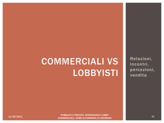 Relazioni,
incontri,
percezioni,
vendita
11/06/2011 35
PUBBLICO E PRIVATO: INTERAZIONI E LOBBY
COMMERCIALE, COME SI FORMANO LE DECISIONI
COMMERCIALI VS
LOBBYISTI
 