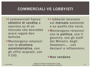 I commerciali hanno
obiettivi di vendita e
operano su di un
mercato che dovrebbe
avere regole ben
definite
Mantengono relazioni
con la struttura
amministrativa, con
gli uffici acquisti, con
il CIO.
I lobbyisti lavorano
sul mercato esistente
e su quello che verrà.
Mantengono relazioni
con la politica, con il
governo, con gli staff
dei Ministri, degli
Assessori… , con
decisori e influencers.
Non vendono
11/06/2011
PUBBLICO E PRIVATO: INTERAZIONI E LOBBY
COMMERCIALE, COME SI FORMANO LE DECISIONI
37
COMMERCIALI VS LOBBYISTI
 