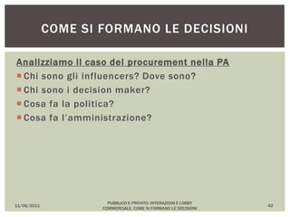 Analizziamo il caso del procurement nella PA
 Chi sono gli influencers? Dove sono?
 Chi sono i decision maker?
 Cosa fa la politica?
 Cosa fa l’amministrazione?
11/06/2011
PUBBLICO E PRIVATO: INTERAZIONI E LOBBY
COMMERCIALE, COME SI FORMANO LE DECISIONI
42
COME SI FORMANO LE DECISIONI
 