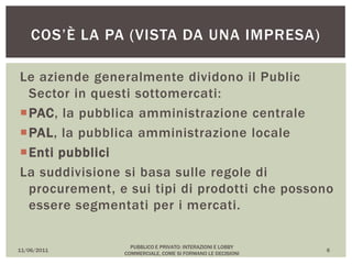 Le aziende generalmente dividono il Public
Sector in questi sottomercati:
PAC, la pubblica amministrazione centrale
PAL, la pubblica amministrazione locale
Enti pubblici
La suddivisione si basa sulle regole di
procurement, e sui tipi di prodotti che possono
essere segmentati per i mercati.
11/06/2011
PUBBLICO E PRIVATO: INTERAZIONI E LOBBY
COMMERCIALE, COME SI FORMANO LE DECISIONI
6
COS’È LA PA (VISTA DA UNA IMPRESA)
 