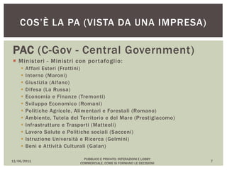 PAC (C-Gov - Central Government)
 Ministeri - Ministri con portafoglio:
 Affari Esteri (Frattini)
 Interno (Maroni)
 Giustizia (Alfano)
 Difesa (La Russa)
 Economia e Finanze (Tremonti)
 Sviluppo Economico (Romani)
 Politiche Agricole, Alimentari e Forestali (Romano)
 Ambiente, Tutela del Territorio e del Mare (Prestigiacomo)
 Infrastrutture e Trasporti (Matteoli)
 Lavoro Salute e Politiche sociali (Sacconi)
 Istruzione Università e Ricerca (Gelmini)
 Beni e Attività Culturali (Galan)
11/06/2011
PUBBLICO E PRIVATO: INTERAZIONI E LOBBY
COMMERCIALE, COME SI FORMANO LE DECISIONI
7
COS’È LA PA (VISTA DA UNA IMPRESA)
 