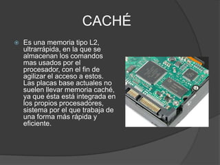 CACHÉ
   Es una memoria tipo L2,
    ultrarrápida, en la que se
    almacenan los comandos
    mas usados por el
    procesador, con el fin de
    agilizar el acceso a estos.
    Las placas base actuales no
    suelen llevar memoria caché,
    ya que ésta está integrada en
    los propios procesadores,
    sistema por el que trabaja de
    una forma más rápida y
    eficiente.
 