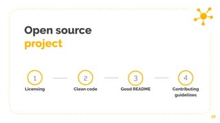 Open source
project
27
1
Licensing Clean code
2
Good README
3
Contributing
guidelines
4
 
