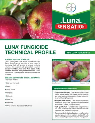 INTRODUCING LUNA SENSATION
Luna®
fungicides, the latest innovation from
Bayer CropScience, contain a new class of
chemistry that will provide a unique systemic
solution for exceptional protection against
INTRODUCING LUNA SENSATION
Luna®
fungicides, the latest innovation from
Bayer CropScience, contain a new class of
chemistry that will provide a unique systemic
solution for exceptional protection against
powdery mildew, leaf and fruit scab, rusts,
summer diseases and post-harvest rots. Luna
Sensation is EPA-registered and approved for use
in apples.
DISEASES CONTROLLED BY LUNA SENSATION
Powdery mildew
Leaf and fruit scab
Rusts
Sooty blotch
Flyspeck
Bitter rot
White rot
Alternaria
Other summer diseases and fruit rots
NEW LUNA FUNGICIDES
LUNA®
FUNGICIDE
TECHNICAL PROFILE
Scab Control
Luna Sensation Manzate®
+ Indar®
Benefits of Luna Sensation
Exceptional efficacy – Luna Sensation has proven
itself in several years of field trials to provide systemic
and broad-spectrum disease control equal or superior
to current leading fungicides.
Multiyear tree health – Luna Sensation programs
significantly reduce the number of shoots infected
with powdery mildew the following year.
High-quality fruit – Luna Sensation programs have
had a low incidence of fruit finish diseases and rots
compared with competitor fungicides.
Recommended rotational option – Luna Sensation
provides growers with an excellent rotational fit with
other available fungicides for resistance management.
 