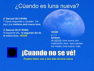 ¿Cúando es luna nueva? (1 Samuel 20:5 RV60) Y David respondió a Jonatán:  He aquí que  mañana será nueva luna ,  (1 Samuel 20:27 RV60) Al siguiente día,  el segundo día de la nueva luna ,  H2320 ¡Cuando no se vé! Pueden haber uno o dos días de luna nueva H2320 חֹדֶשׁ kjódesh de  H2318 ; luna  nueva ; por implicación  mes :- que cuentan los meses, luna nueva, mes. 