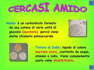 Amido : è un carboidrato formato da una catena di varie unità di glucosio  (zucchero) , perciò viene anche chiamato polisaccaride. CERCASI AMIDO Tintura di Iodio : liquido di colore  marrone scuro , costituito da acqua, etanolo e iodio. Viene comunemente usato come  disinfettante . 