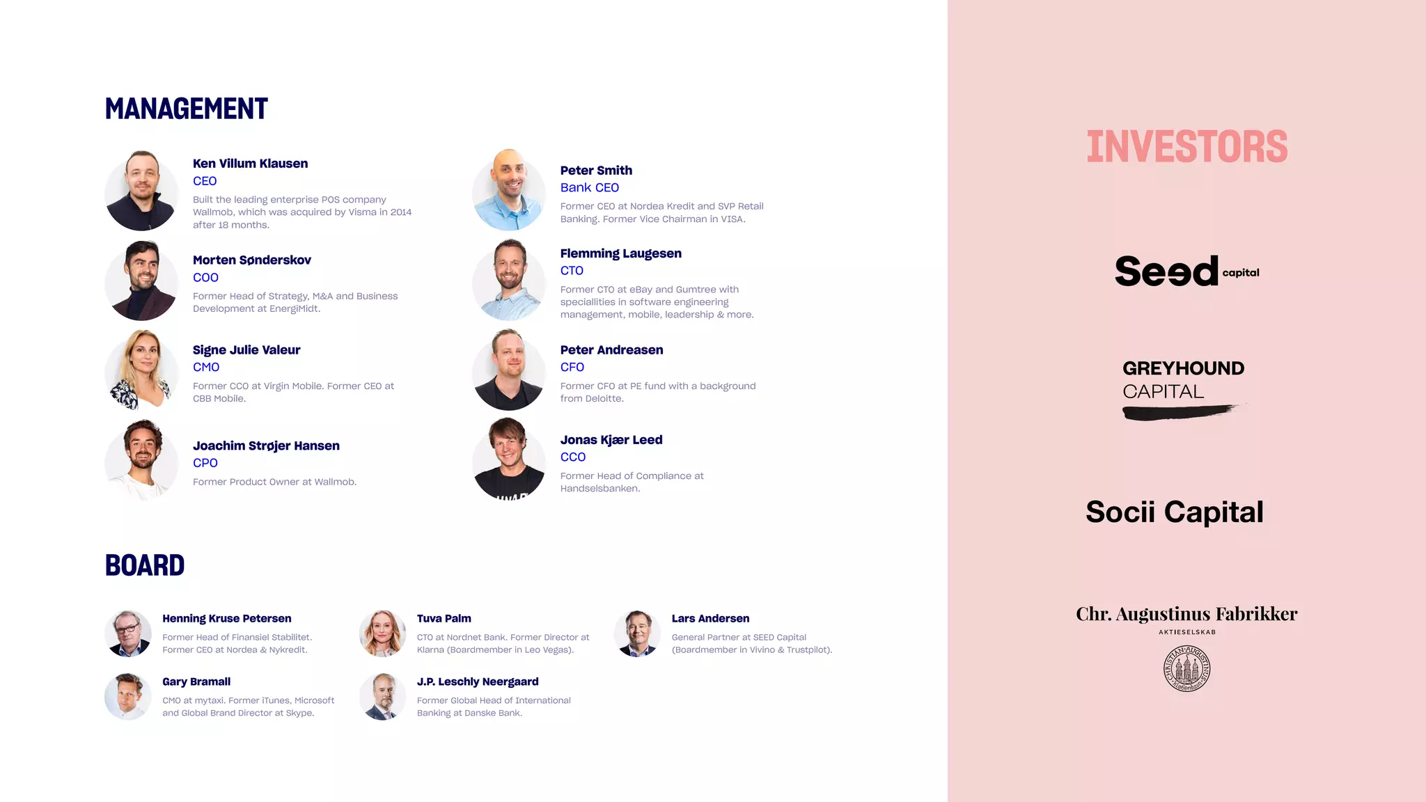 MANAGEMENT
BOARD
Socii Capital
Ken Villum Klausen
CEO
Built the leading enterprise POS company
Wallmob, which was acquired by Visma in 2014
after 18 months.
Morten Sønderskov
COO
Former Head of Strategy, M&A and Business
Development at EnergiMidt.
Signe Julie Valeur
CMO
Former CCO at Virgin Mobile. Former CEO at
CBB Mobile.
Joachim Strøjer Hansen
CPO
Former Product Owner at Wallmob.
Henning Kruse Petersen
Former Head of Finansiel Stabilitet.
Former CEO at Nordea & Nykredit.
Gary Bramall
CMO at mytaxi. Former iTunes, Microsoft
and Global Brand Director at Skype.
Tuva Palm
CTO at Nordnet Bank. Former Director at
Klarna (Boardmember in Leo Vegas).
J.P. Leschly Neergaard
Former Global Head of International
Banking at Danske Bank.
Lars Andersen
General Partner at SEED Capital
(Boardmember in Vivino & Trustpilot).
Peter Smith
Bank CEO
Former CEO at Nordea Kredit and SVP Retail
Banking. Former Vice Chairman in VISA.
Flemming Laugesen
CTO
Former CTO at eBay and Gumtree with
speciallities in software engineering
management, mobile, leadership & more.
Peter Andreasen
CFO
Former CFO at PE fund with a background
from Deloitte.
Jonas Kjær Leed
CCO
Former Head of Compliance at
Handselsbanken.
INVESTORS
 