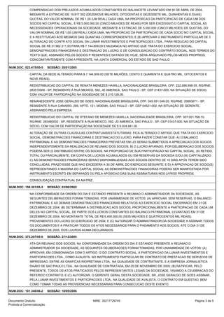 COMPENSACAO DOS PREJUIZOS ACUMULADOS CONSTANTES DO BALANCETE LEVANTADO EM 30 DE ABRIL DE 2004,
MEDIANTE A EXTINCAO DE 19.817.502 (DEZENOVE MILHOES, OITOCENTAS E DEZESSETE MIL, QUINHENTAS E DUAS)
QUOTAS, DO VALOR NOMINAL DE R$ 1,00 (UM REAL) CADA UMA, NA PROPORCAO DA PARTICIPACAO DE CADA UM DOS
SOCIOS NO CAPITAL SOCIAL, E R$ 5.000.000,00 (CINCO MILHOES DE REAIS) POR SER EXCESSIVO O CAPITAL SOCIAL AS
NECESSIDADES OPERACIONAIS DA SOCIEDADE, MEDIANTE A EXTINCAO DE 5.000.000 (CINCO MILHOES) DE QUOTAS, DO
VALOR NOMINAL DE R$ 1,00 (UM REAL) CADA UMA, NA PROPORCAO DA PARTICIPACAO DE CADA SOCIO NO CAPITAL SOCIAL,
E A RESTITUICAO AOS MESMOS DAS QUANTIAS CORRESPONDENTES; E (B) APROVAR O INSTRUMENTO PARTICULAR DE 3
ALTERACAO DO CONTR ATO SOCIAL DA LUNAR INVESTIMENTOS E PARTICIPACOES LTDA., PARA REDUCAO DO CAPITAL
SOCIAL DE R$ 31.962.311,00 PARA R$ 7.144.809,00 E MUDANCA NO ARTIGO QUE TRATA DO EXERCICIO SOCIAL,
DEMONSTRACOES FINANCEIRAS E DESTINACAO DO LUCRO; E DE CONSOLIDACAO DO CONTRATO SOCIAL, NOS TERMOS DO
TEXTO QUE, ASSINADO PELOS SOCIOS P RESENTES E DATADO DE HOJE, SERA ARQUIVADO PELOS MEIOS PROPRIOS,
CONCOMITANTEMENTE COM A PRESENTE, NA JUNTA COMERCIAL DO ESTADO DE SAO PAULO.
NUM.DOC: 023.475/05-5 SESSÃO: 20/01/2005
CAPITAL DA SEDE ALTERADO PARA $ 7.144.809,00 (SETE MILHÕES, CENTO E QUARENTA E QUATRO MIL, OITOCENTOS E
NOVE REAIS).
REDISTRIBUICAO DO CAPITAL DE RENATA MENEZES HAWILLA, NACIONALIDADE BRASILEIRA, CPF: 222.088.898-35, RG/RNE:
283510006 - SP, RESIDENTE À RUA MEXICO, 592, JD AMERICA, SAO PAULO - SP, CEP 01437-000, NA SITUAÇÃO DE SÓCIO,
COM VALOR DE PARTICIPAÇÃO NA SOCIEDADE DE $ 210.128,00.
REMANESCENTE JOSE GERALDO DE GOES, NACIONALIDADE BRASILEIRA, CPF: 045.551.048-20, RG/RNE: 25893671 - SP,
RESIDENTE À RUA CANARIO, 289, APTO. 121, MOEMA, SAO PAULO - SP, CEP 04521-002, NA SITUAÇÃO DE GERENTE,
ASSINANDO PELA EMPRESA.
REDISTRIBUICAO DO CAPITAL DE STEFANO DE MENEZES HAWILLA, NACIONALIDADE BRASILEIRA, CPF: 307.001.768-10,
RG/RNE: 283480002 - SP, RESIDENTE À RUA MEXICO, 592, JD AMERICA, SAO PAULO - SP, CEP 01437-000, NA SITUAÇÃO DE
SÓCIO, COM VALOR DE PARTICIPAÇÃO NA SOCIEDADE DE $ 6.934.681,00.
ALTERAÇÃO DE OUTRAS CLAÚSULAS CONTRATUAIS/ESTATUTÁRIAS: FICA ALTERADO O ARTIGO QUE TRATA DO EXERCICIO
SOCIAL, DEMONSTRACOES FINANCEIRAS E DESTINACAO DO LUCRO, PARA FAZER CONSTAR QUE: A) O BALANCO
PATRIMONIAL E AS DEMONSTRACOES FINANCEIRAS PREVISTAS EM LEI SERAO SUBMETIDOS A APRECIACAO DOS SOCIOS
INDEPENDENTEMENTE DA REALIZACAO DE REUNIAO DOS SOCIOS; B) O LUCRO APURADO, POR DELIBERACAO DOS SOCIOS,
PODERA SER (I) DISTRIBUIDO ENTRE OS SOCIOS, NA PROPORCAO DE SUA PARTICIPACAO NO CAPITAL SOCIAL; (II) RETIDO,
TOTAL OU PARCIALMENTE, EM CONTA DE LUCROS ACUMULADOS OU EM RESERVAS DA SOCIEDA E/OU (III) CAPITALIZADO;
C) AS DEMONSTRACOES FINANCEIRAS SERAO DISPONIBILIZADAS AOS SOCIOS DENTRO DE 10 DIAS APOS TEREM SIDO
CONCLUIDAS, PRAZO ESSE QUE NAO EXCEDERA A 30 DE ABRIL DO EXERCICIO SEGUINTE; E D) A APROVACAO DE SOCIO(S)
REPRESENTANDO A MAIORIA DO CAPITAL SOCIAL AS DEMONSTRACOES FINANCEIRAS PODERA SER MANIFESTADA POR
INSTRUMENTO ESCRITO EM SEPARADO OU PELA APOSICAO DAS SUAS ASSINATURAS NOS LIVROS PROPRIOS.
CONSOLIDAÇÃO CONTRATUAL DA MATRIZ.
NUM.DOC: 158.301/05-5 SESSÃO: 03/06/2005
NA CONFORMIDADE DA ORDEM DO DIA E ESTANDO PRESENTE A REUNIAO O ADMINISTRADOR DA SOCIEDADE, AS
SEGUINTES DELIBERACOES FORAM TOMADAS, POR UNANIMIDADE DE VOTOS: (A) APROVAR, SEM RESERVAS, O BALANCO
PATRIMONIAL E AS DEMAIS DEMONSTRACOES FINANCEIRAS RELATIVOS AO EXERCICIO SOCIAL ENCERRADO EM 31 DE
DEZEMBRO DE 2004; (B) DETERMINAR A DISTRIBUICAO AOS SOCIOS, PROPORCIONALMENTE A PARTICIPACAO DE CADA UM
DELES NO CAPITAL SOCIAL, DE PARTE DOS LUCROS CONSTANTES DO BALANCO PATRIMONIAL LEVANTADO EM 31 DE
DEZEMBRO DE 2004, NO MONTANTE TOTAL DE R$ 6.400.000,00 (SEIS MILHOES E QUATROCENTOS MIL REAIS),
PROVENIENTES DO LUCRO DO EXERCICIO DE 2004; E (C) AUTORIZAR O ADMINISTRADOR DA SOCIEDADE A ASSINAR TODOS
OS DOCUMENTOS E A PRATICAR TODOS OS ATOS NECESSARIOS PARA O PAGAMENTO AOS SOCIOS, ATE O DIA 31 DE
DEZEMBRO DE 2005, DOS LUCROS ACIMA DECLARADOS.
NUM.DOC: 373.207/05-0 SESSÃO: 27/12/2005
ATA DA REUNIAO DOS SOCIOS. NA CONFORMIDADE DA ORDEM DO DIA E ESTANDO PRESENTE A REUNIAO O
ADMINISTRADOR DA SOCIEDADE, AS SEGUINTES DELIBERACOES FORAM TOMADAS, POR UNANIMIDADE DE VOTOS: (A)
APROVAR, EM CONSONANCIA COM O ARTIGO 12 DO CONTRATO SOCIAL, A PARTICIPACAO DA LUNAR INVESTIMENTOS E
PARTICIPACOES LTDA., COMO AVALISTA, NO INSTRUMENTO PARTICULAR DE CONTRATO DE PRESTACAO DE SERVICOS DE
IMPRESSAO, ENTRE AS GRAFICAS RIOPRETANA LTDA., NA QUALIDADE DE CONTRATANTE, E A EMPRESA JORNALISTICA
DIARIO DE SAO PAULO LTDA., NA QUALIDADE DE CONTRATADA, EM 25 DE NOVEMBRO DE 2005; (B) RATIFICAR, PELO
PRESENTE, TODOS OS ATOS PRATICADOS PELOS REPRESENTANTES LEGAIS DA SOCIEDADE, VISANDO A CELEBRACAO DO
REFERIDO CONTRATO; E (C) AUTORIZAR, O GERENTE GERAL DESTA SOCIEDADE, SR. JOSE GERALDO DE GOES ASSINAR,
PELA LUNAR INVESTIMENTOS E PARTICIPACOES LTDA., NA QUALIDADE DE AVALISTA, O CONTRATO EM QUESTAO, BEM
COMO TOMAR TODAS AS PROVIDENCIAS NECESSARIAS PARA CONSECUCAO DESTE EVENTO.
NUM.DOC: 101.346/06-2 SESSÃO: 18/05/2006
Página 3 de 5NIRE: 35217729745Documento Gratuito
Proibida a Comercialização
 