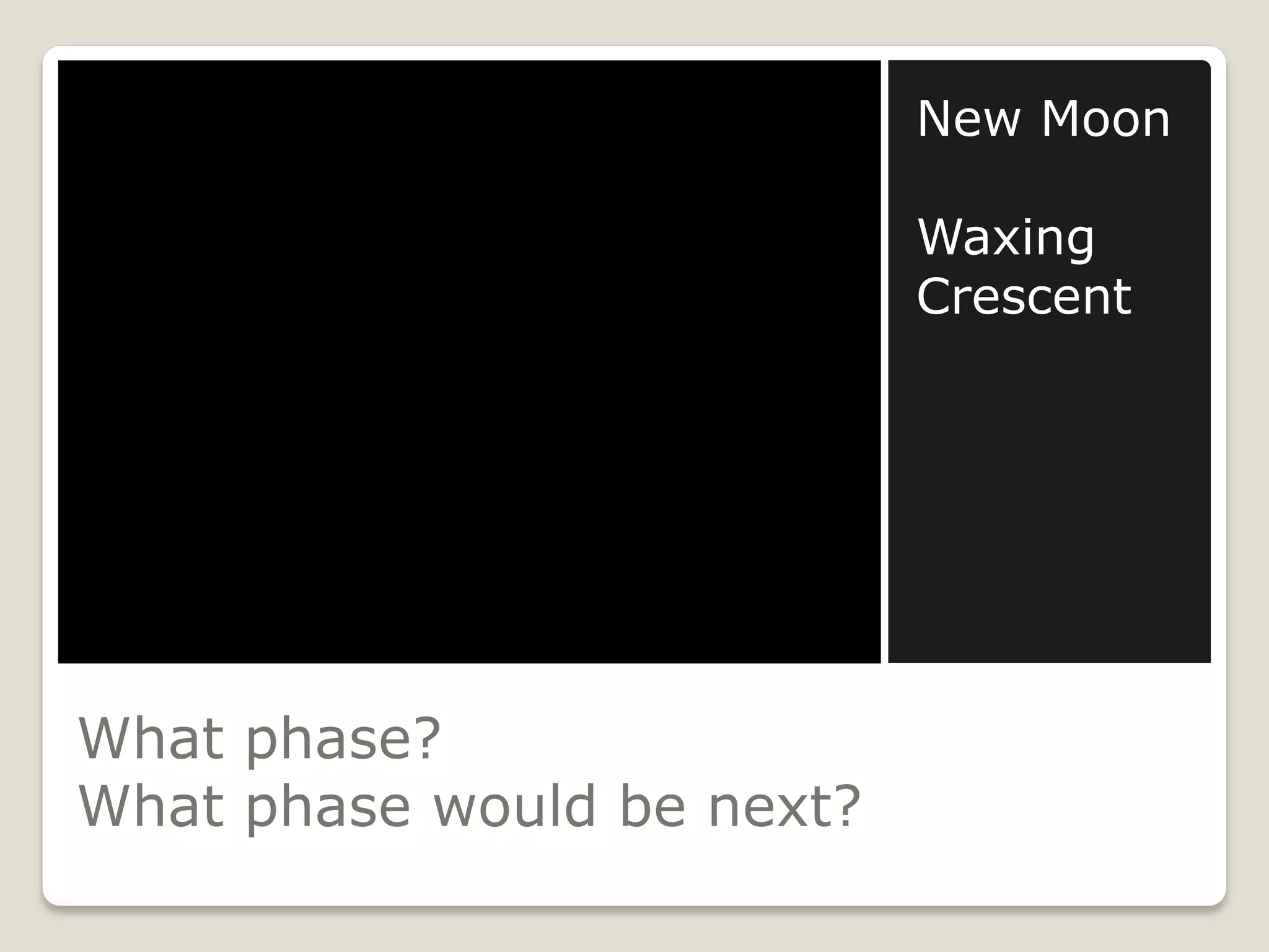 New Moon

                            Waxing
                            Crescent




What phase?
What phase would be next?
 