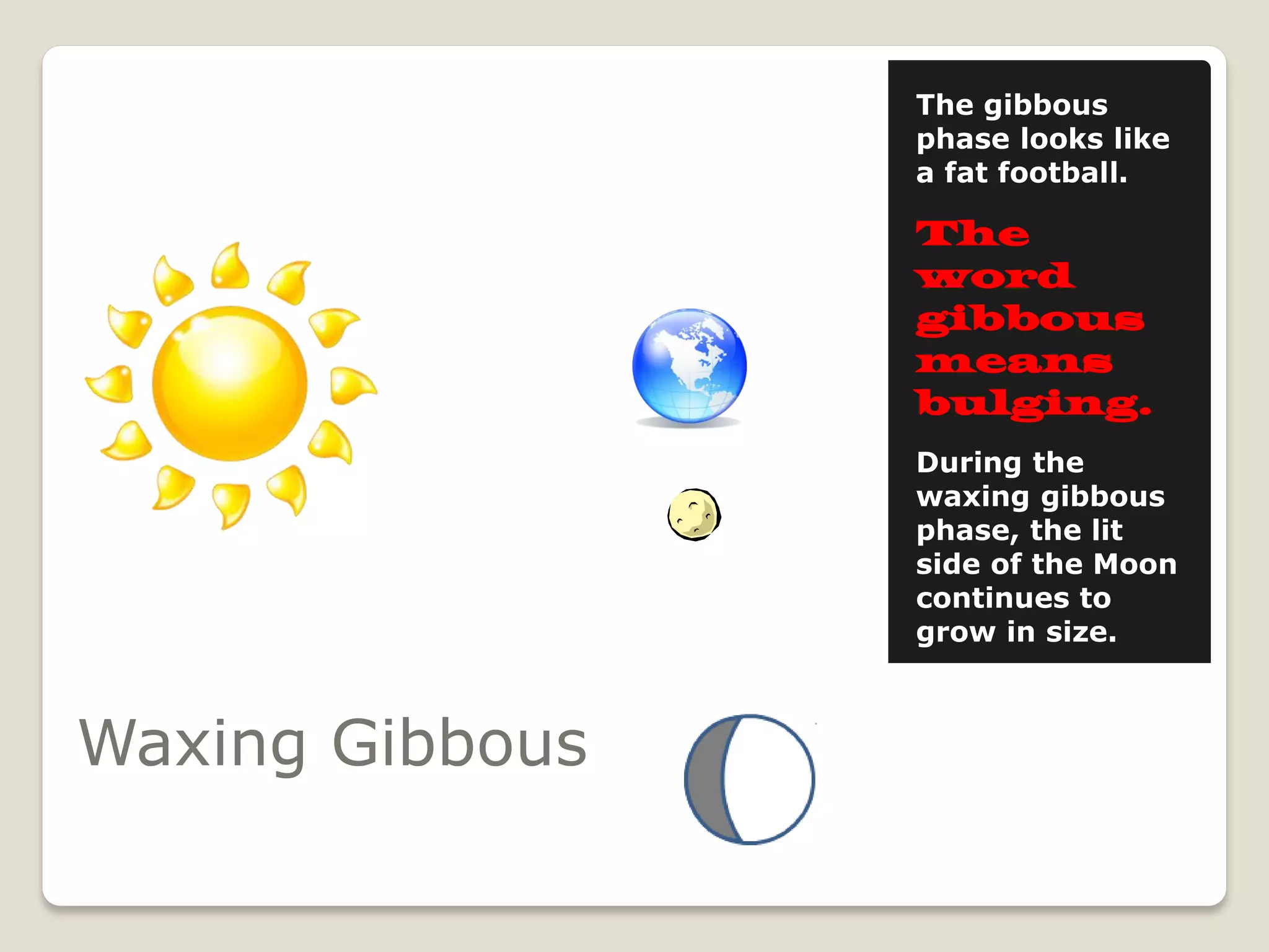 The gibbous
                 phase looks like
                 a fat football.

                 The
                 word
                 gibbous
                 means
                 bulging.
                 During the
                 waxing gibbous
                 phase, the lit
                 side of the Moon
                 continues to
                 grow in size.



Waxing Gibbous
 