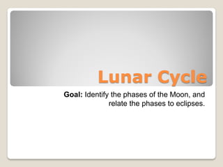 Lunar Cycle
Goal: Identify the phases of the Moon, and
              relate the phases to eclipses.
 