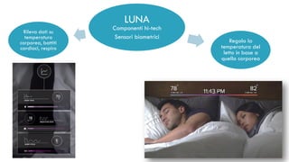 LUNA
Componenti hi-tech
Sensori biometrici
Regola la
temperatura del
letto in base a
quella corporea
Rileva dati su
temperatura
corporea, battiti
cardiaci, respiro
 