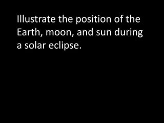Illustrate the position of the
Earth, moon, and sun during
a solar eclipse.